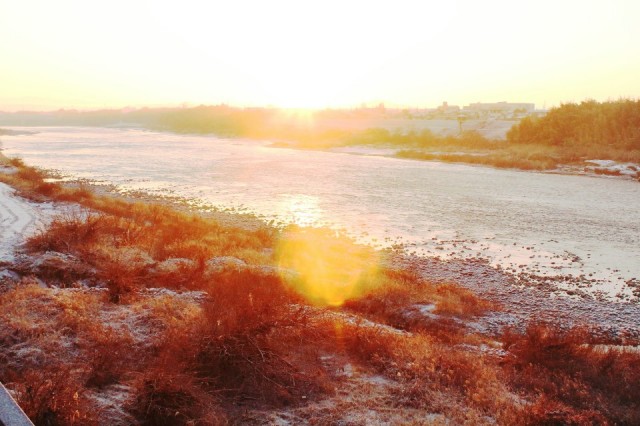 「朝の木曽川」どんどん日が昇り、あっ という間に顔が赤く照らされた。